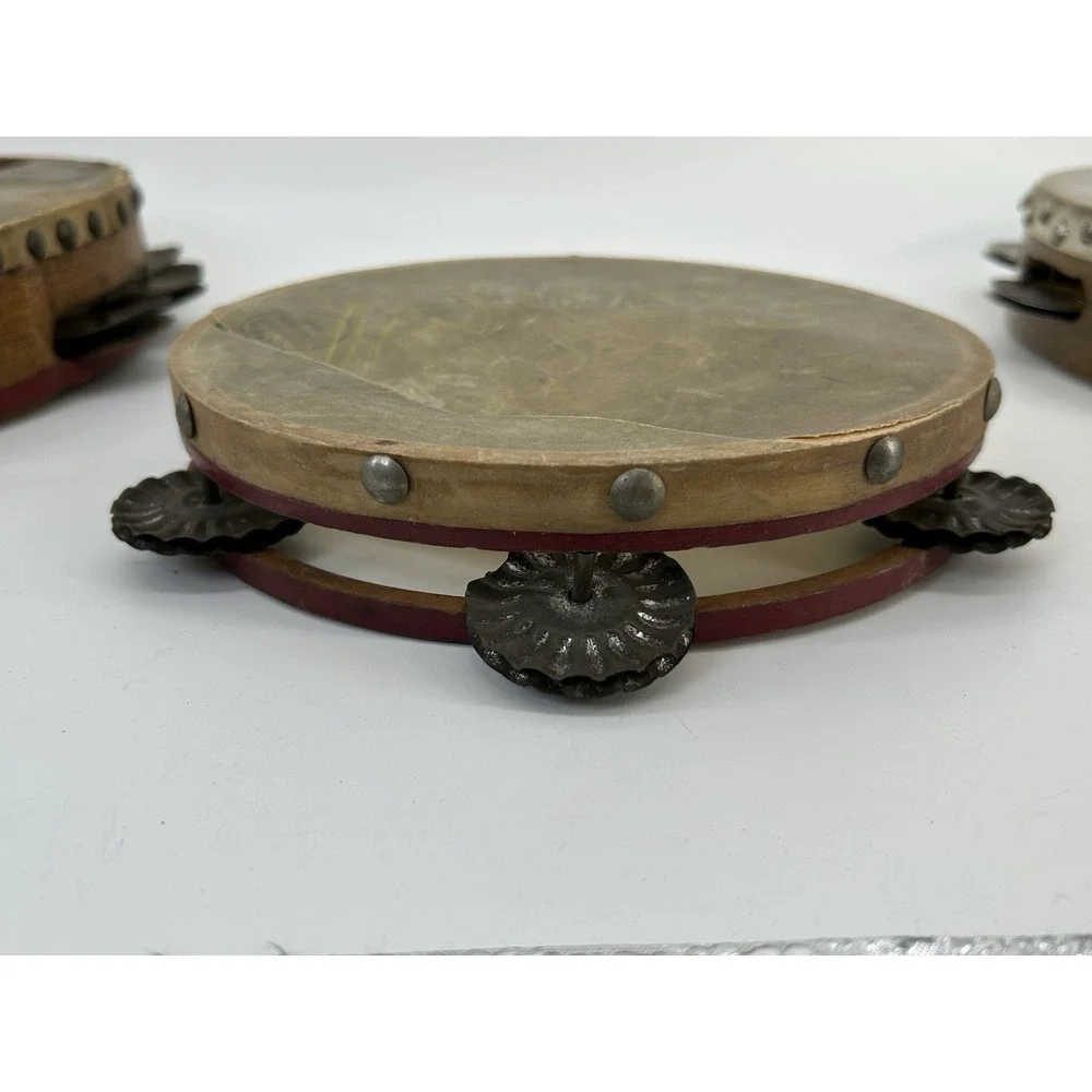 Vintage Rawhide Tambourine Lot Of 3 Calf Skin Head